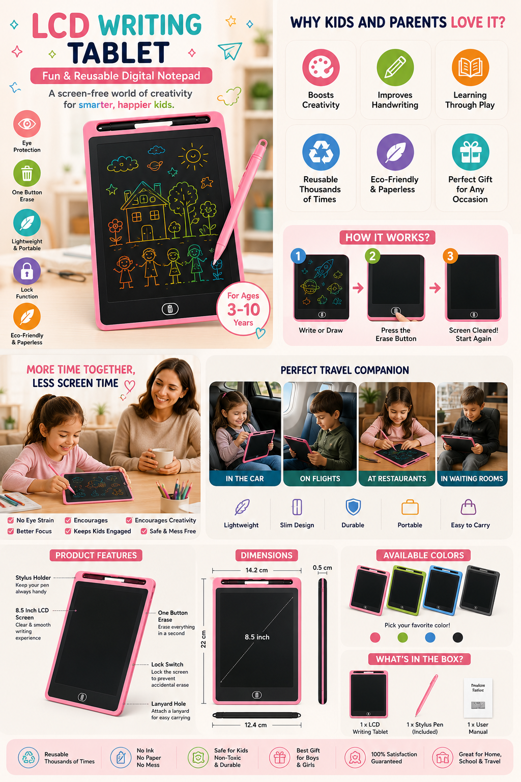 8.5 Inch Writing Tablet for Kids with Stylus