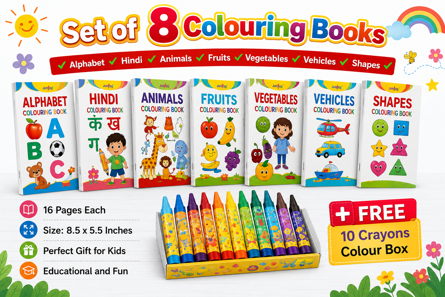 Set of 8 Kids Colouring Books with FREE 10 Crayons
