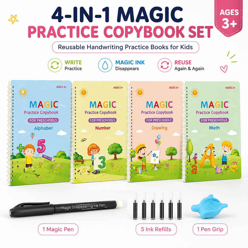 4-in-1 Magic Practice Copybook Set with Magic Pen & 10 Ink Refills