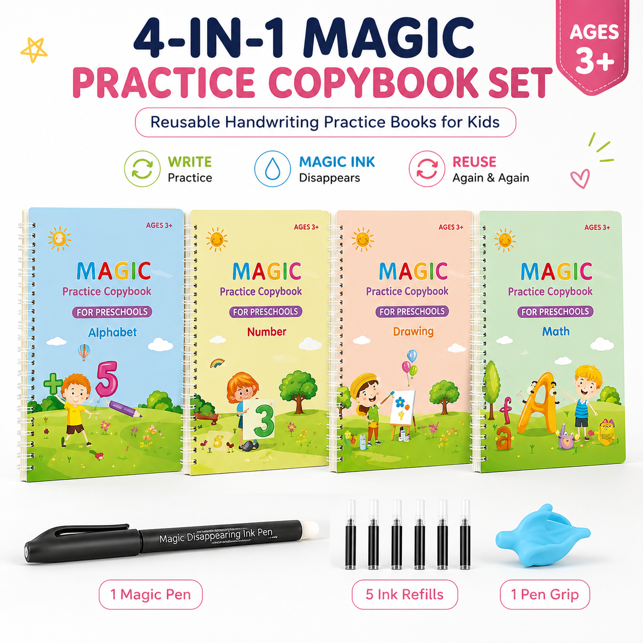 4-in-1 Magic Practice Copybook Set with Magic Pen & 10 Ink Refills