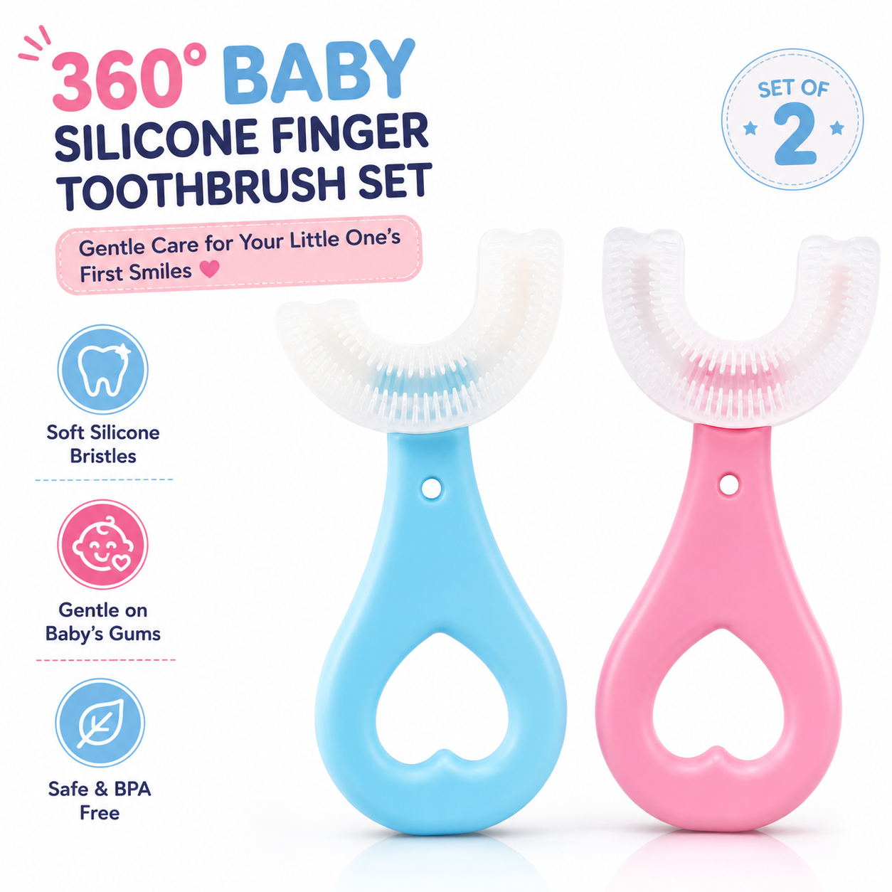 360° Baby Silicone Finger Toothbrush Set (2 PCS) | Soft U-Shaped Training Toothbrush | BPA-Free | Gentle Gum Massager for Babies & Toddlers
