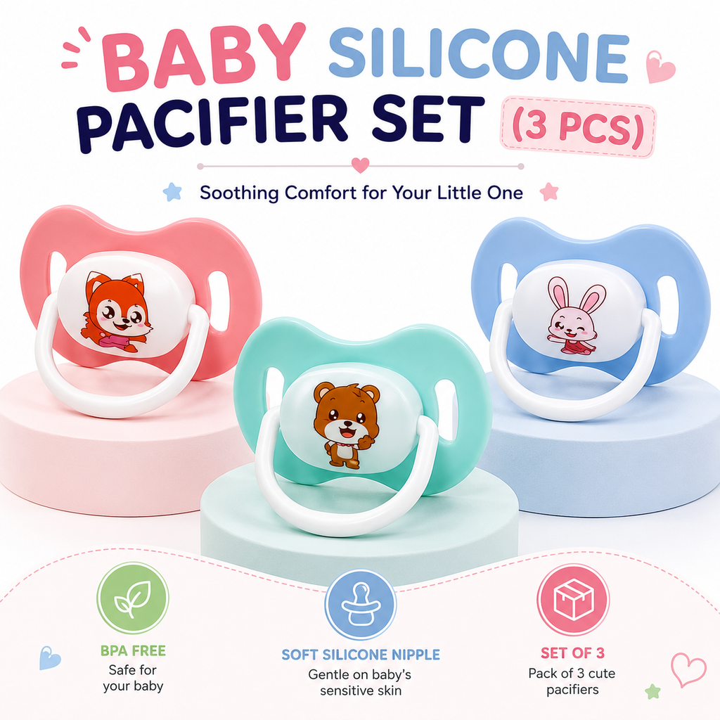 Baby Silicone Pacifier Set (3 PCS) | BPA-Free Orthodontic Soothers | Soft Silicone Nipple | Comfort Pacifiers for Newborns & Babies