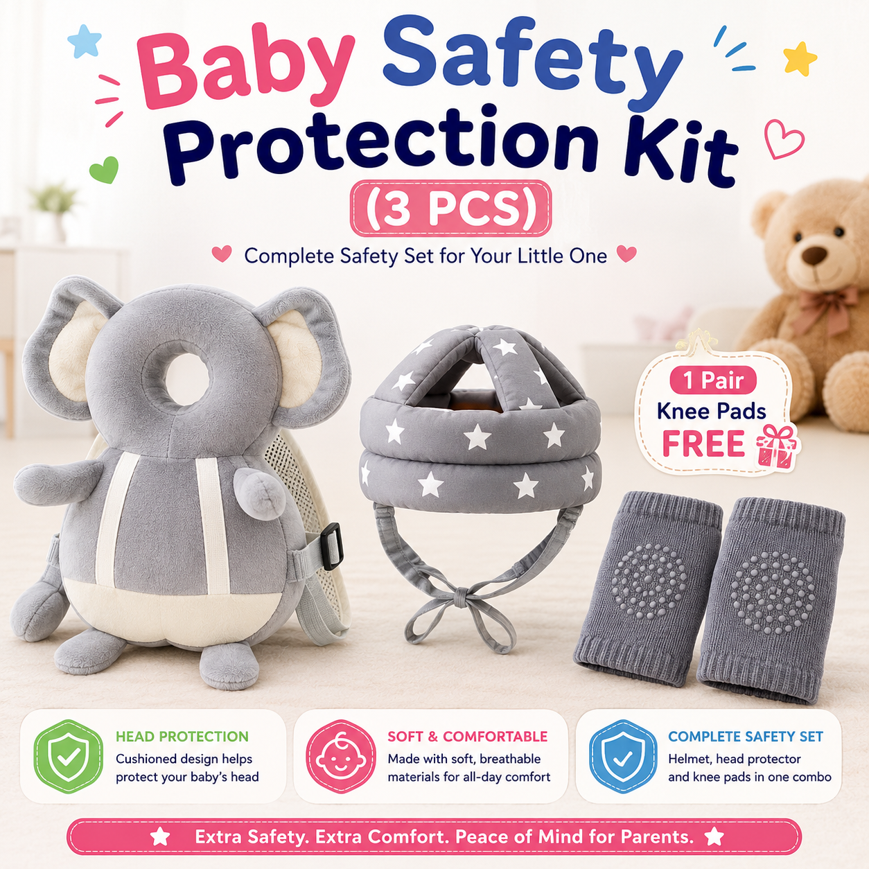 Baby Safety Protection Kit (3 PCS) | Head Protector Backpack + Adjustable Safety Helmet + Anti-Slip Knee Pads | Baby Crawling & Walking Safety Set