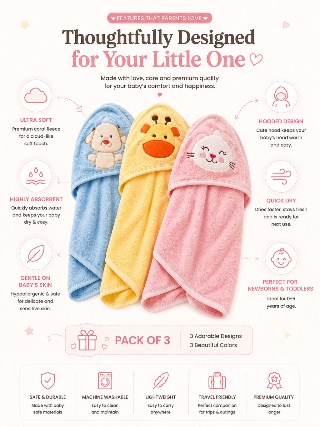 Premium Hooded Baby Bath Towels (Pack of 3)