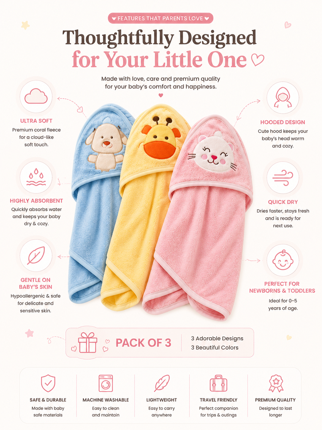 Premium Hooded Baby Bath Towels (Pack of 3)