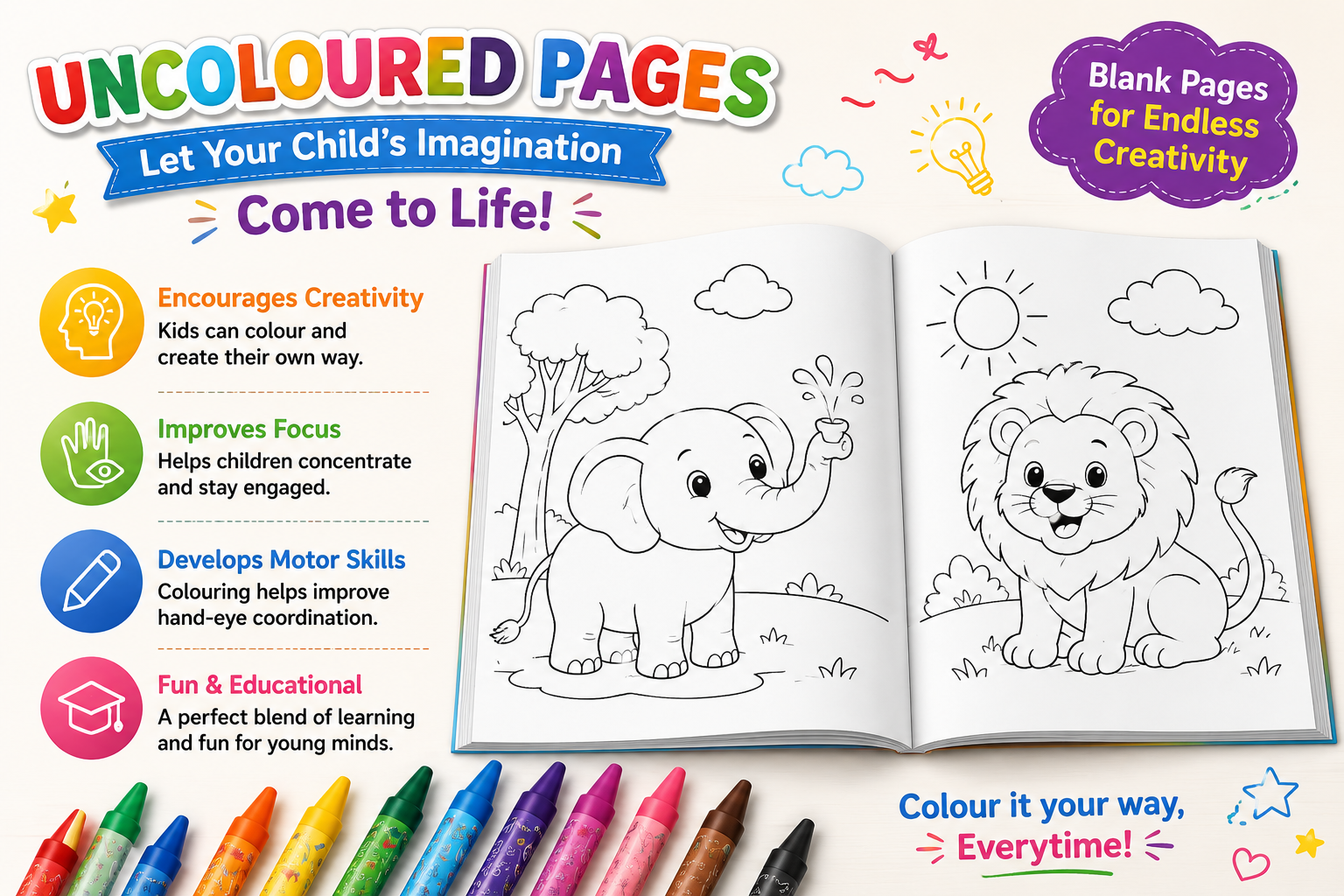Set of 8 Kids Colouring Books with FREE 10 Crayons
