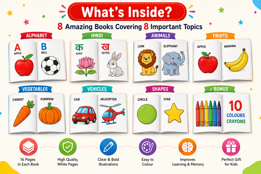 Set of 8 Kids Colouring Books with FREE 10 Crayons