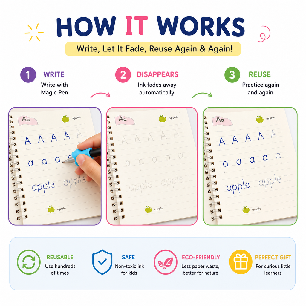 4-in-1 Magic Practice Copybook Set with Magic Pen & 10 Ink Refills
