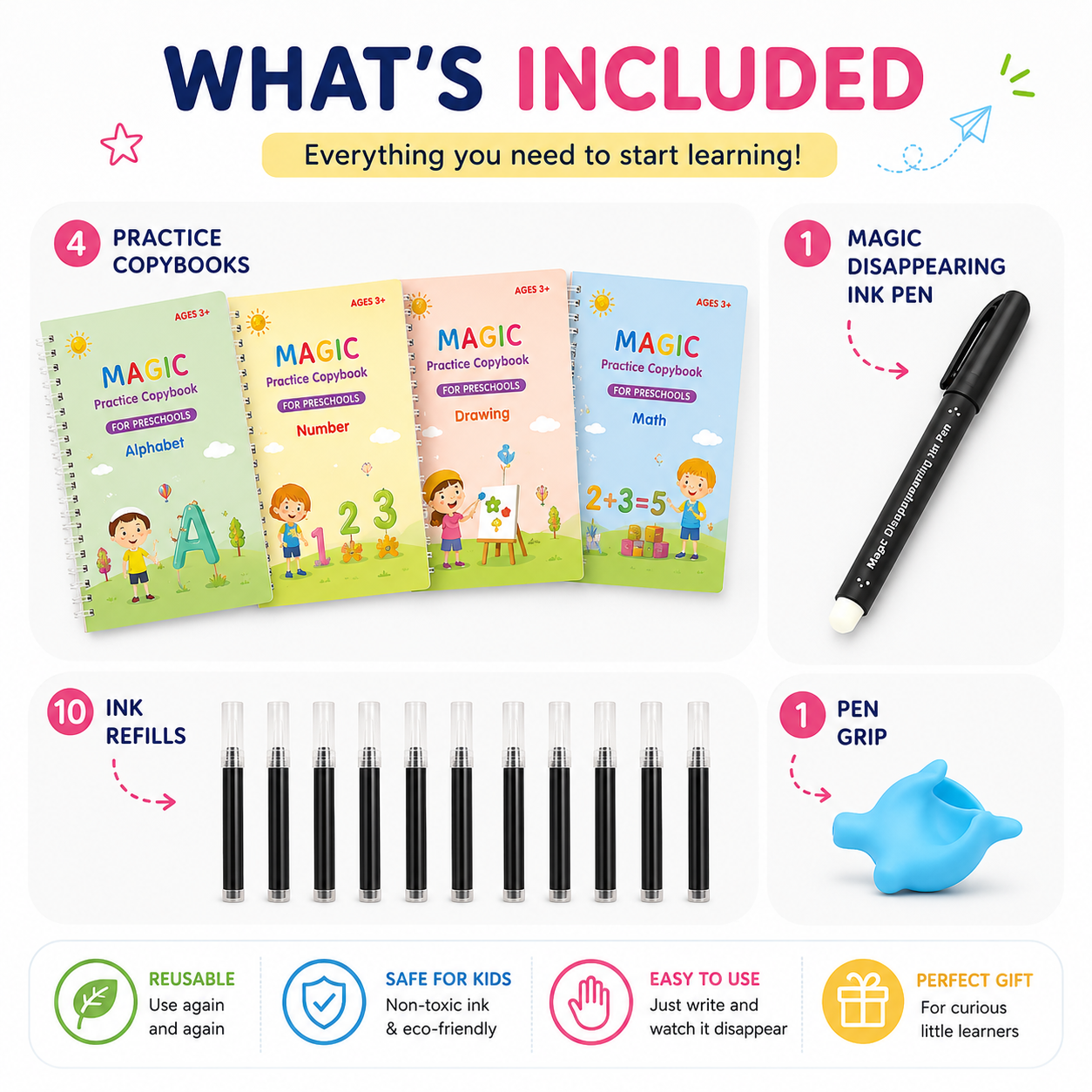 4-in-1 Magic Practice Copybook Set with Magic Pen & 10 Ink Refills