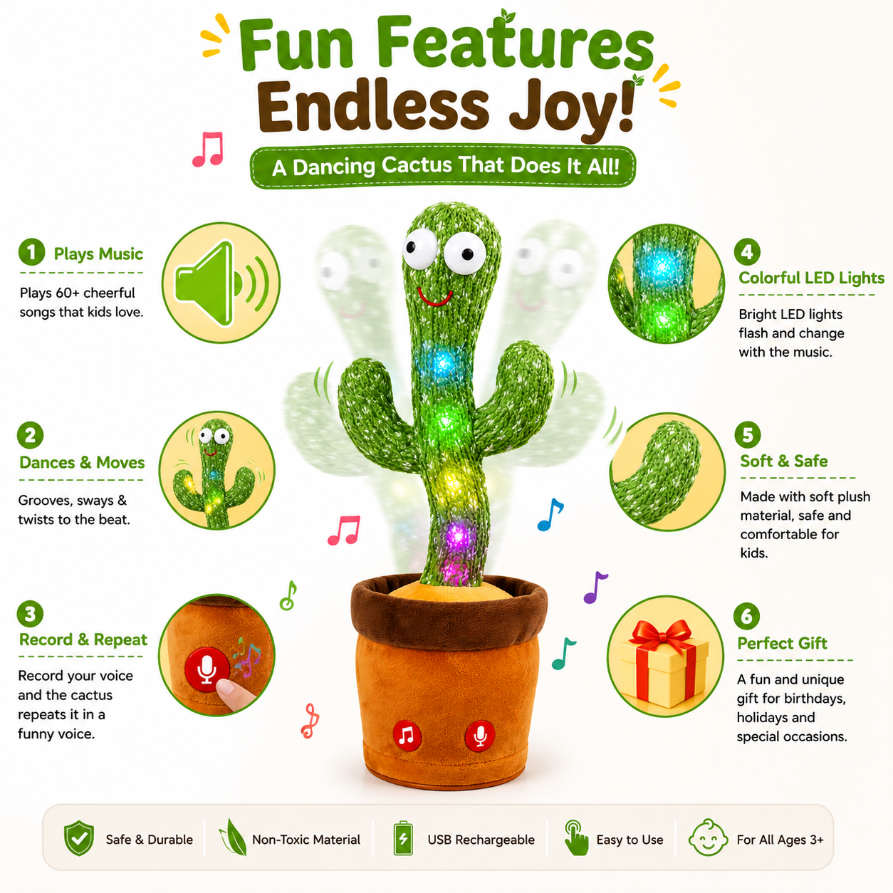 Dancing Cactus Toy with Music, Lights & Voice Repeat
