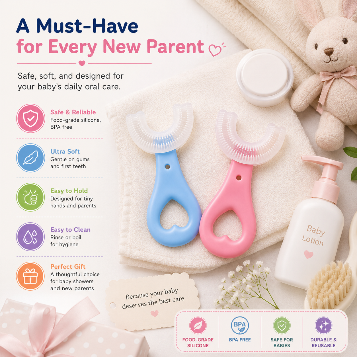 360° Baby Silicone Finger Toothbrush Set (2 PCS) | Soft U-Shaped Training Toothbrush | BPA-Free | Gentle Gum Massager for Babies & Toddlers