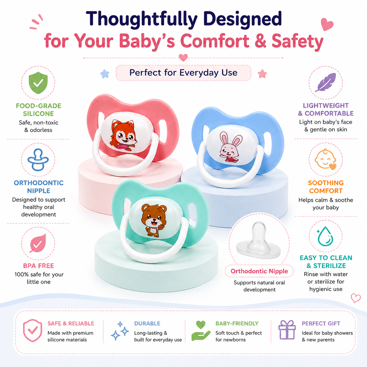 Baby Silicone Pacifier Set (3 PCS) | BPA-Free Orthodontic Soothers | Soft Silicone Nipple | Comfort Pacifiers for Newborns & Babies