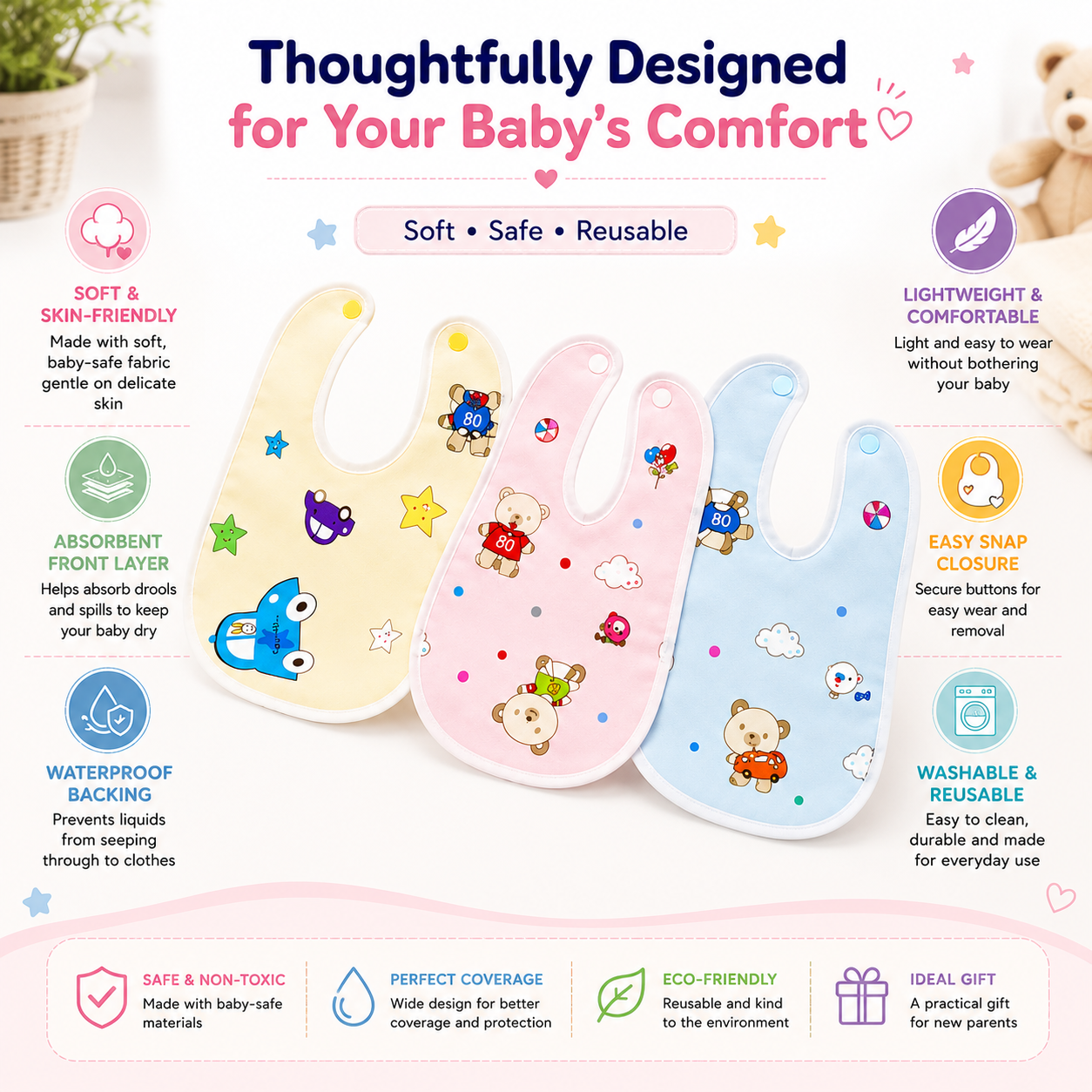 Baby Feeding Bib Set (3 & 5 PCS) | Soft & Absorbent Waterproof Bibs | Reusable Baby Bibs for Newborns, Infants & Toddlers