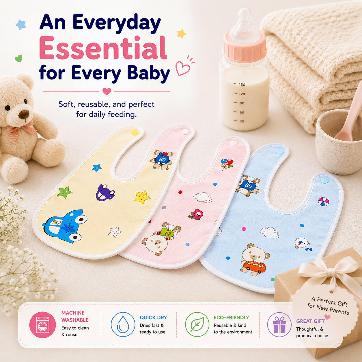 Baby Feeding Bib Set (3 & 5 PCS) | Soft & Absorbent Waterproof Bibs | Reusable Baby Bibs for Newborns, Infants & Toddlers