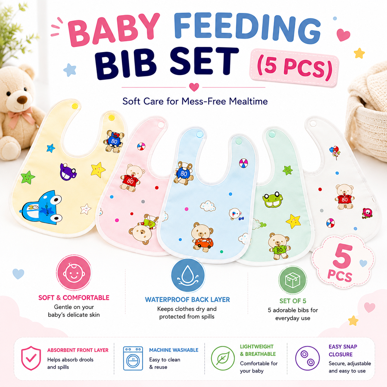Baby Feeding Bib Set (3 & 5 PCS) | Soft & Absorbent Waterproof Bibs | Reusable Baby Bibs for Newborns, Infants & Toddlers