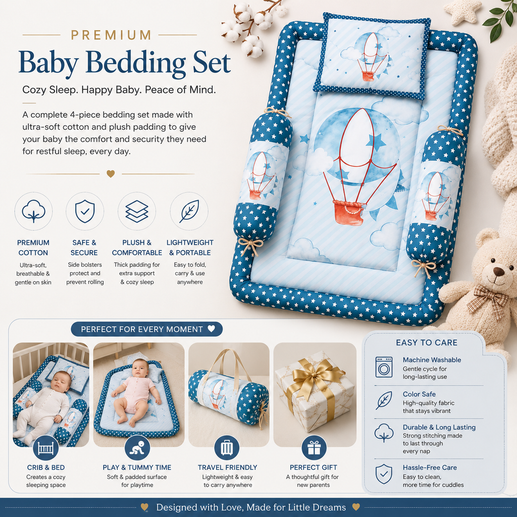 Premium Cotton Baby Nest Bedding Set with Pillow & Side Bolsters