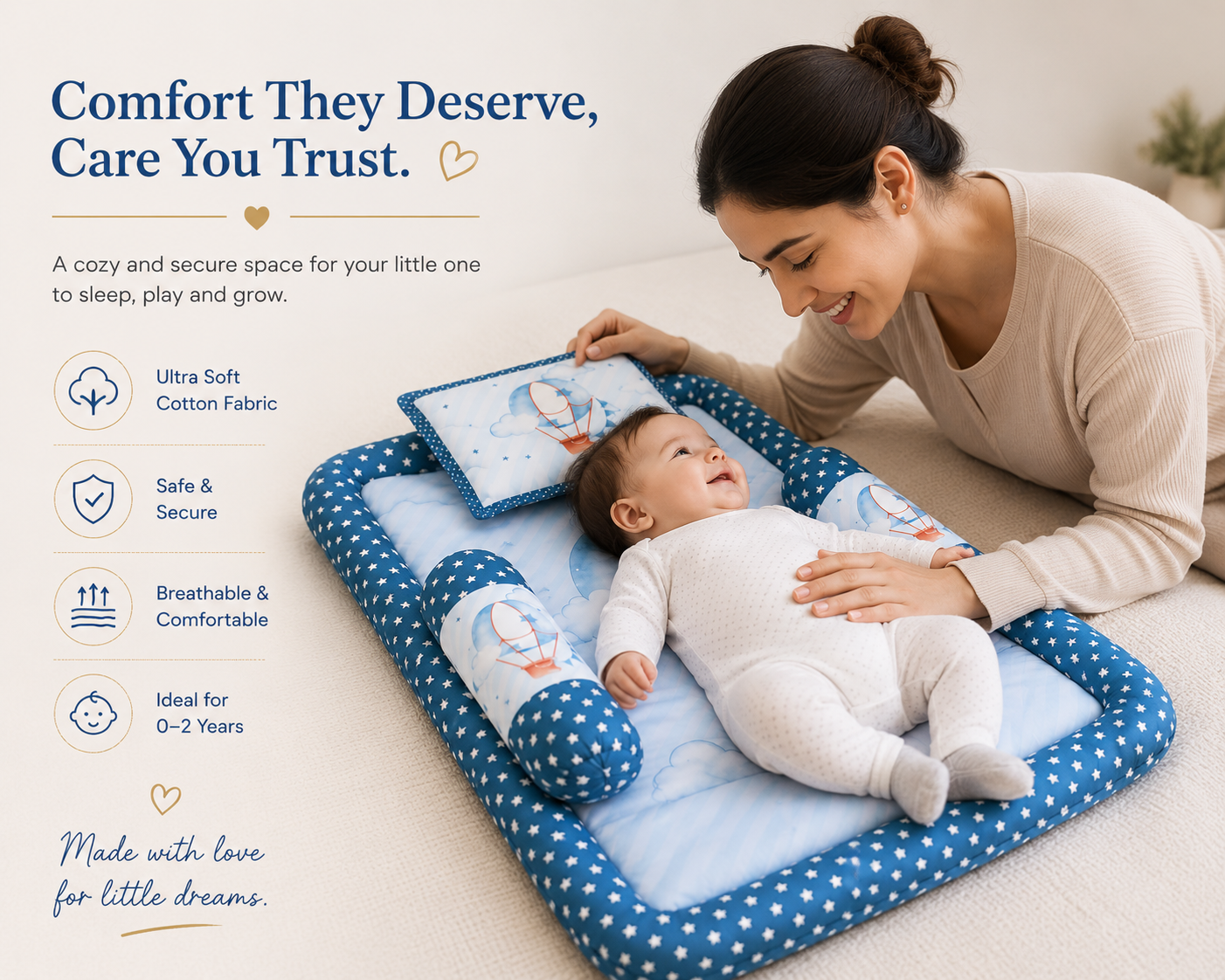 Premium Cotton Baby Nest Bedding Set with Pillow & Side Bolsters