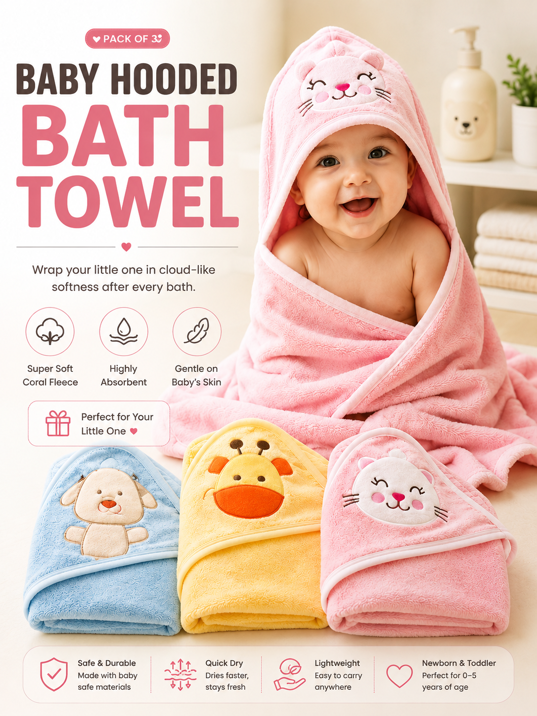 Premium Hooded Baby Bath Towels (Pack of 3)