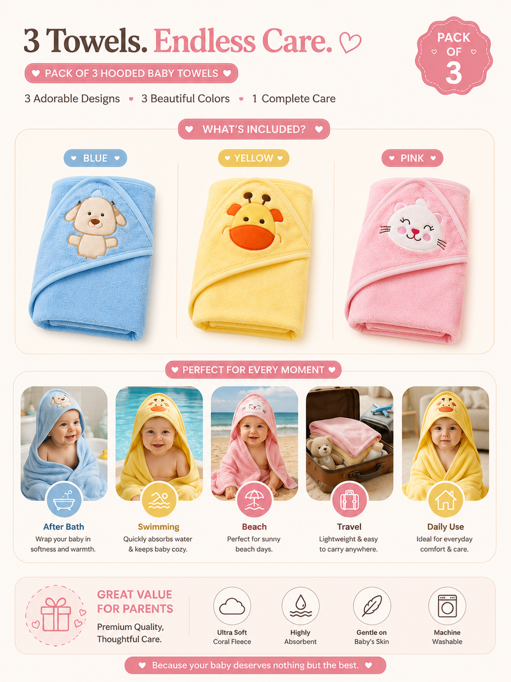 Premium Hooded Baby Bath Towels (Pack of 3)