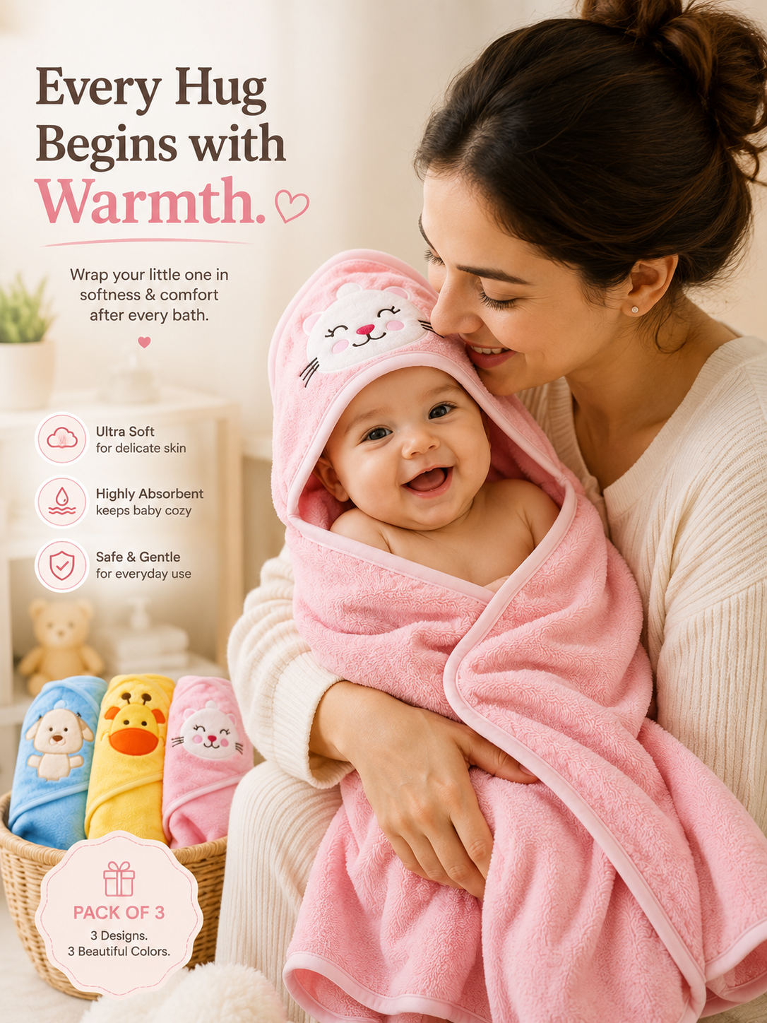Premium Hooded Baby Bath Towels (Pack of 3)